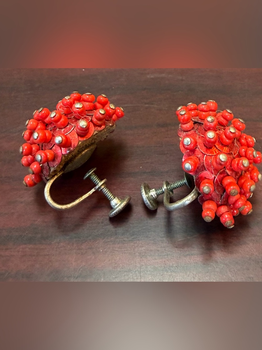 Vintage Red Bead Cluster Screw-Back Earrings MCM Jewelry